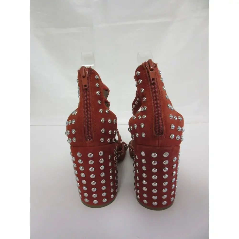 STEVE MADDEN Fara Rust Brick 7M Strappy Studded Block Heel Open Toe Sandals